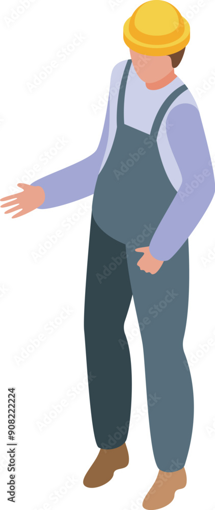 Construction worker wearing overalls and hard hat gesturing with hand Construction worker wearing overalls and hard hat gesturing with hand