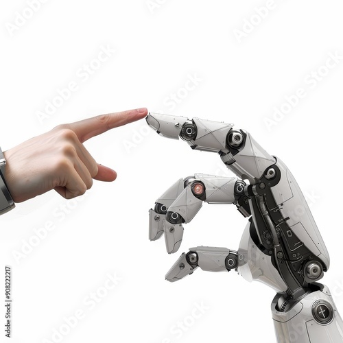 Human Hand and Robotic Hand Touching, 3D Rendered, Isolated, White Background, Futuristic Design, Artificial Intelligence, Robotics