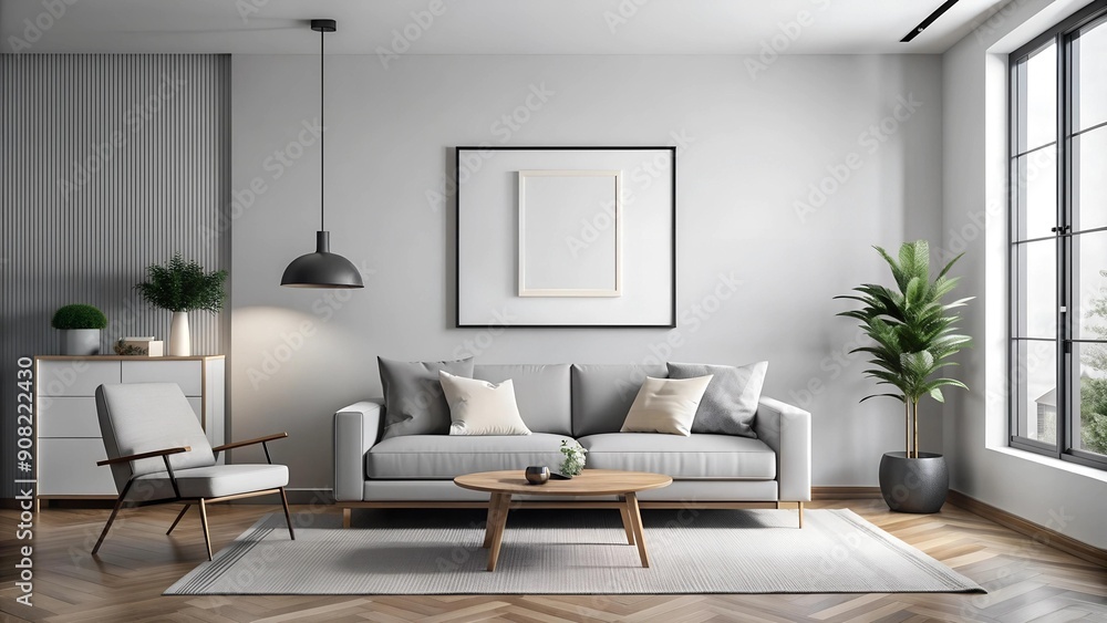 Minimalist Living Room with Black and White Photography Poster Mockup Generative AI Minimalist Living Room with Black and White Photography Poster Mockup Generative AI