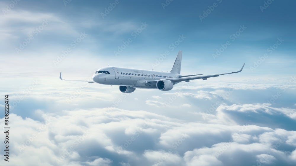 Commercial airplane flying above clouds in the blue sky. Commercial airplane flying above clouds in the blue sky.