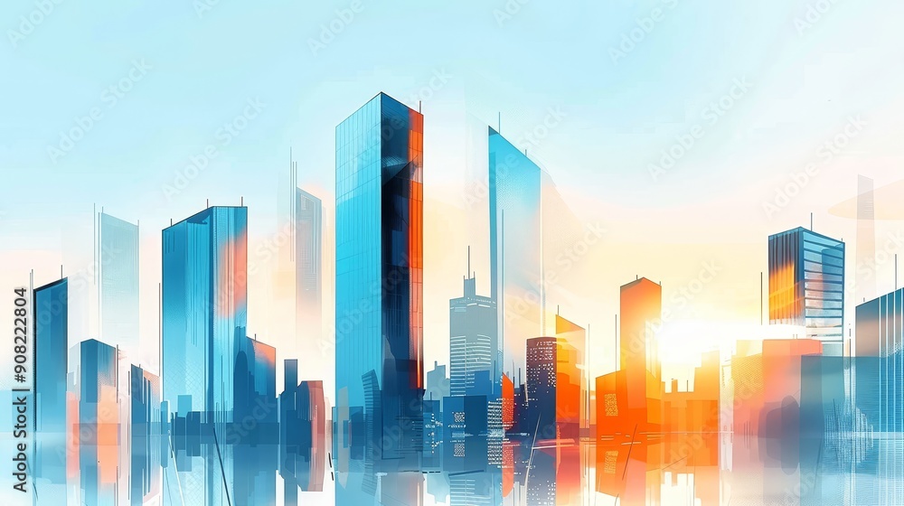 Modern Skyscrapers Reflecting in Water, Digital Art, Cityscape, Architecture, Sunset, Blue, Orange Modern Skyscrapers Reflecting in Water, Digital Art, Cityscape, Architecture, Sunset, Blue, Orange