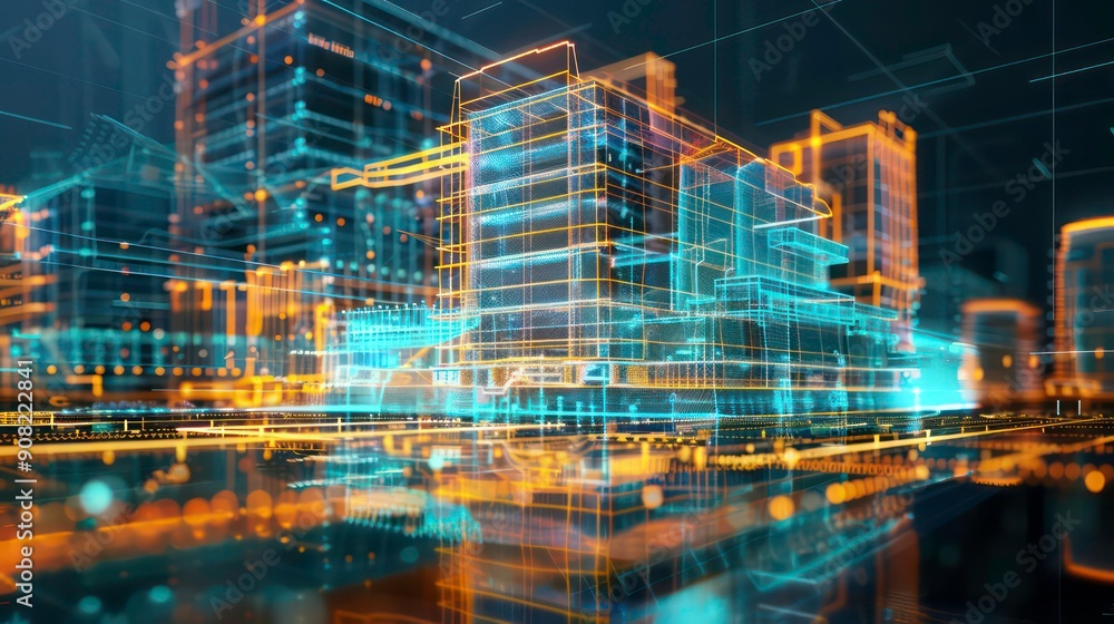 A Wireframe Model of a Modern City at Night A Wireframe Model of a Modern City at Night