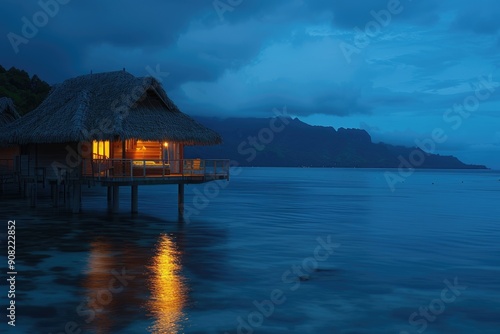 Bungalow Overwater. Evening with Sunset in Moorea, French Polynesia. Breathtaking Blue Lagoon View