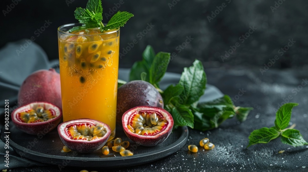 Passion Fruit Fizz with Fresh Mint and Ice, passion fruit juice, summer drink, tropical fruit, refreshing , passion fruit, mint Passion Fruit Fizz with Fresh Mint and Ice, passion fruit juice, summer drink, tropical fruit, refreshing , passion fruit, mint