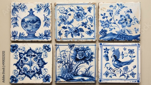 Delft Blue Tiles Pattern. Old Dutch Antique Tiles in Blue on White Background photo