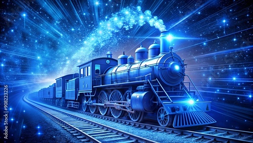 Cosmic Symphony: A Glowing Blue Locomotive Orchestrating a Celestial Dance  AI Generated photo