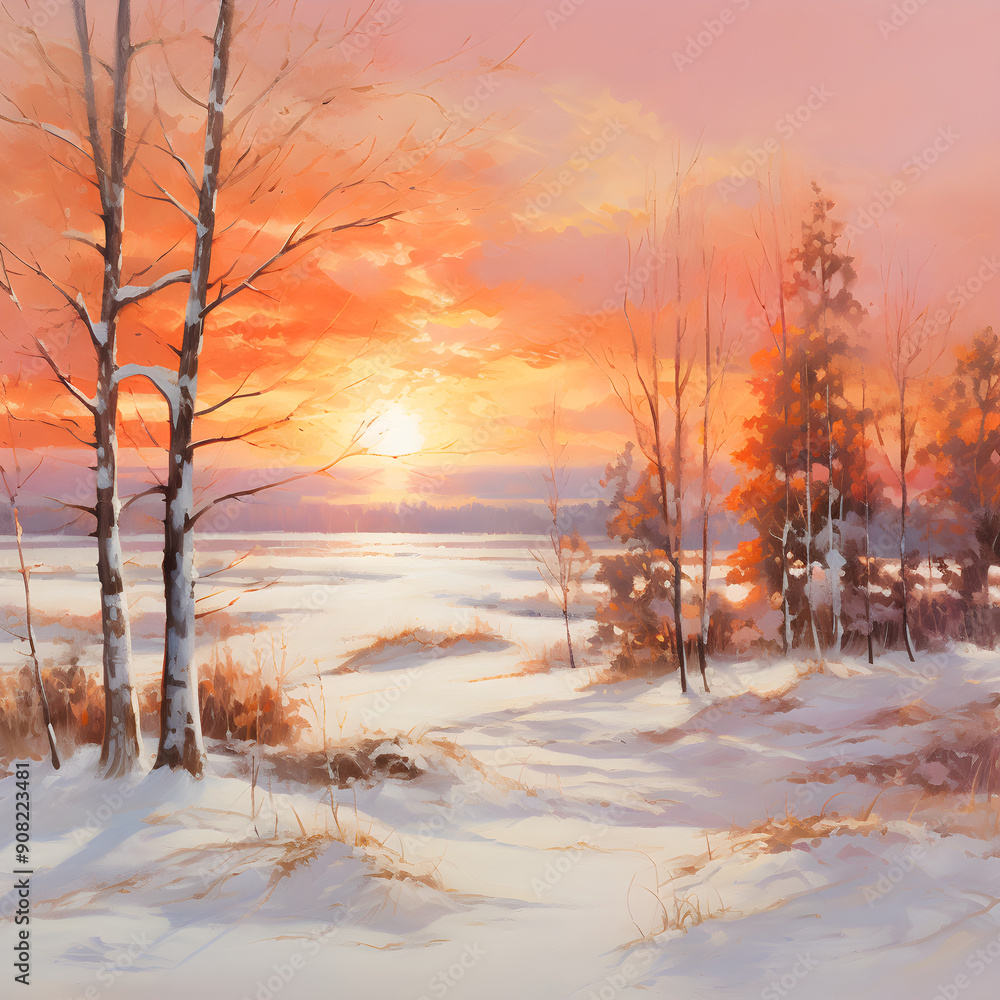Celestial Fire Show: A Mesmerizing Display of a Fiery Winter Sunrise against the Snow-laden Landscape Celestial Fire Show: A Mesmerizing Display of a Fiery Winter Sunrise against the Snow-laden Landscape