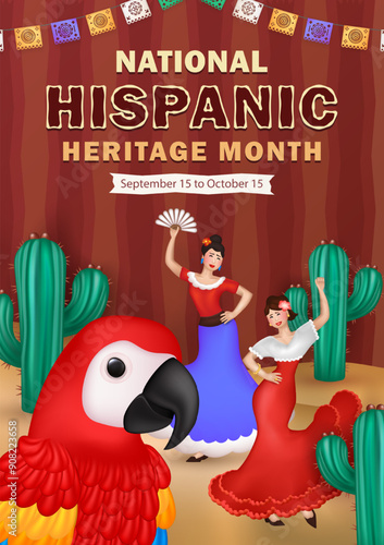 Cartoon greeting card with 3d traditional paper garlands, Scarlet Macaw parrot closeup and two cheerful Woman in dresses performing Latin dance on the sand among cacti. Hispanic Heritage Month poster