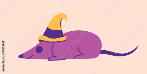 Witch Mouse in Hat. Smiling rodent. Cute Rat in costume. Fairy-tale character in Magic attribute. Transformation into animal. Children Cartoon. Purple, yellow colors. Isolated. Vector illustration