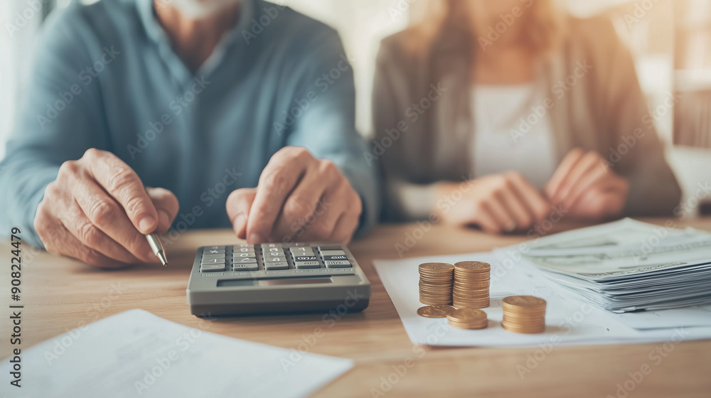 Fototapeta premium Elderly Couple Using Calculator at Home - Man and Woman Sitting in Living Room, Managing Home Finances and Budget, Coins and Tax Bills on Table Photo
