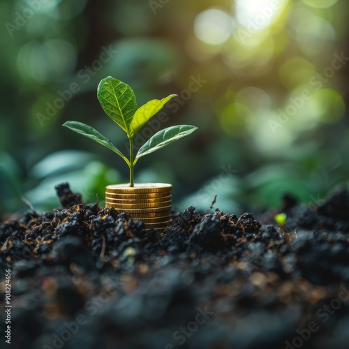 Wallpaper Mural A green plant sprouts from coins in nutrient-rich soil, symbolizing growth, prosperity, and hope. The natural setting enhances the images beauty and conveys a sense of abundance and potential Torontodigital.ca