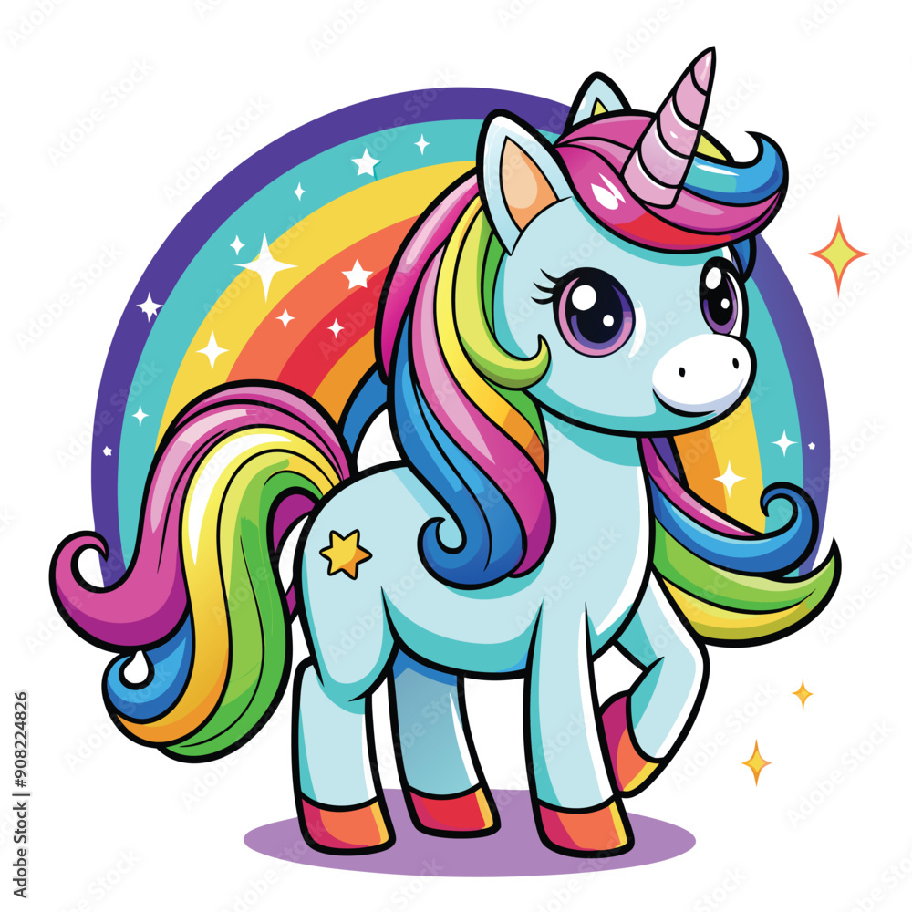Naklejka premium Cute Unicorn Cartoon vector with rainbow mane and tail. Beautiful Unicorn Cartoon Vector on Background.