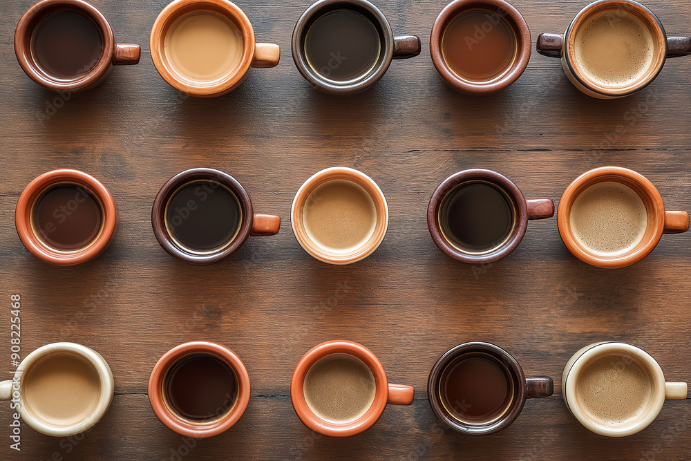 Variety of coffee cups, different shades of coffee, ceramic mugs on wooden table, diverse coffee drinks, top view, coffee assortment, beverage concept Variety of coffee cups, different shades of coffee, ceramic mugs on wooden table, diverse coffee drinks, top view, coffee assortment, beverage concept