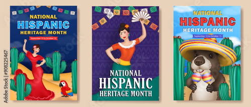 Collection of 3d cartoon Hispanic Heritage month greeting cards with women dancing with capybara in sombrero with maracas and Macaw Parrot among cacti and papel picado streamers. Latin America culture