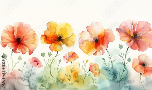 Delicate abstract flowers in watercolor on white.