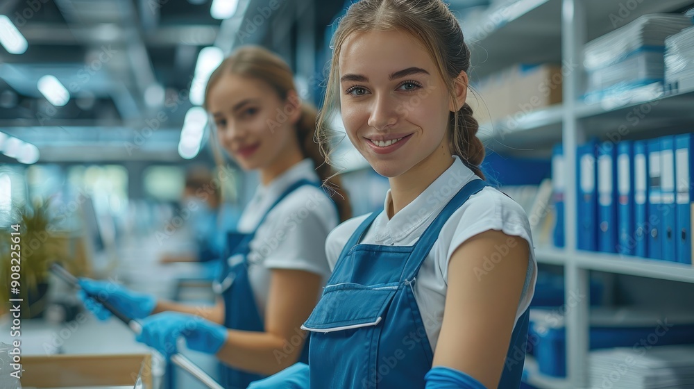 A professional cleaning team inside an office, one of them is cleaning the book shelves the other one is mopping in modern big office. Generative AI. A professional cleaning team inside an office, one of them is cleaning the book shelves the other one is mopping in modern big office. Generative AI.