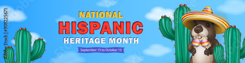 Hispanic Heritage Month panoramic banner with 3d cartoon cute capybara dressed in  sombrero and holding maracas in his paws dancing to rhythmic Latin American music among the cacti against a blue sky