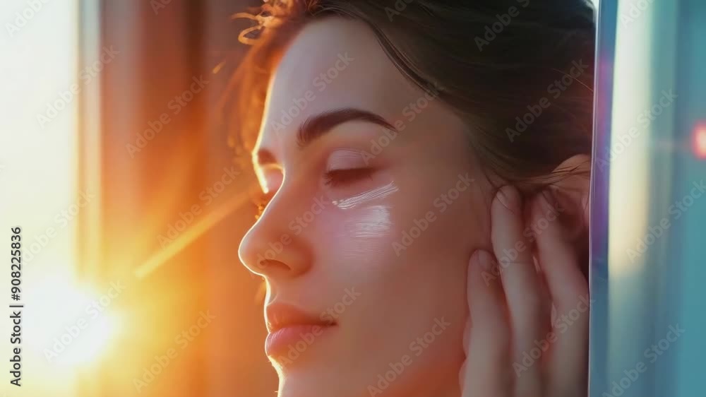 A young Caucasian woman with closed eyes stands by a window, basking in the warm glow of the setting sun. The evening light adds a serene and calm mood to the scene as she enjoys a quiet moment. A young Caucasian woman with closed eyes stands by a window, basking in the warm glow of the setting sun. The evening light adds a serene and calm mood to the scene as she enjoys a quiet moment.