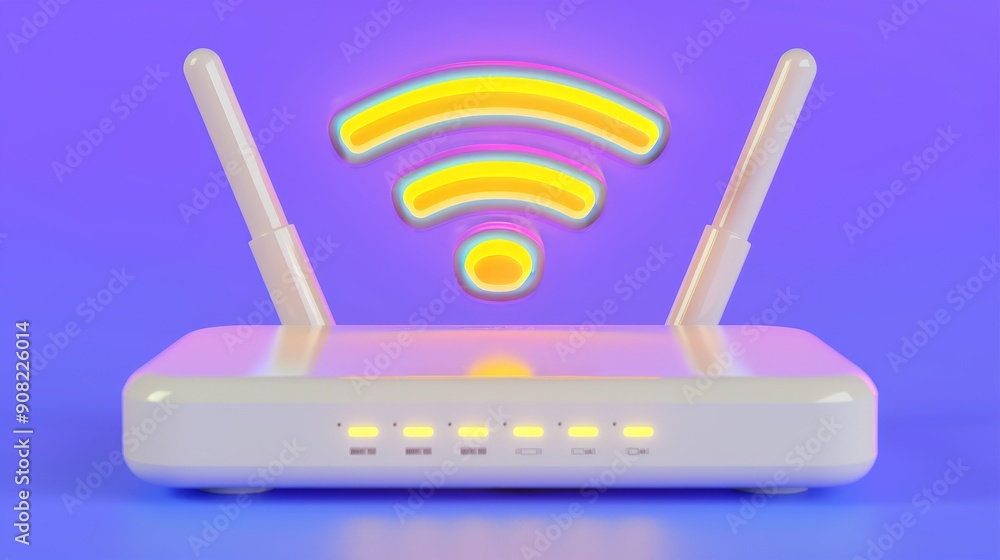 yellow wifi router with antenna, internet connection symbol on colored background yellow wifi router with antenna, internet connection symbol on colored background