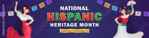 Cartoon panoramic banner with 3d women in Hispanic attire performing Latin dance, celebrating Hispanic Heritage Month, with colorful papel picado overhead on purple background with traditional pattern