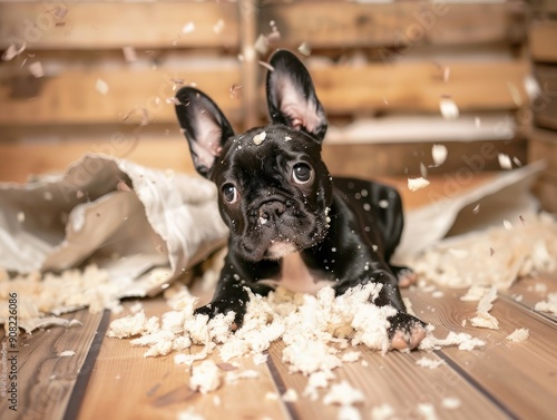 Messy Dog. Funny French Bulldog Puppy Making a Playful Mess in the Room photo