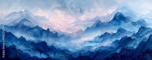 Abstract stormy clouds over a mountain range in watercolor.