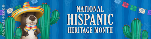 National Hispanic heritage month panoramic banner with 3d  cartoon cute fluffy capybara wearing a vivid sombrero and holding maracas in his paws among cacti in a desert against blue ethnic background