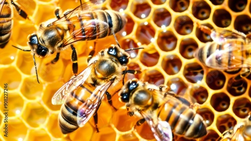 close up view of the working bees on honeycells photo