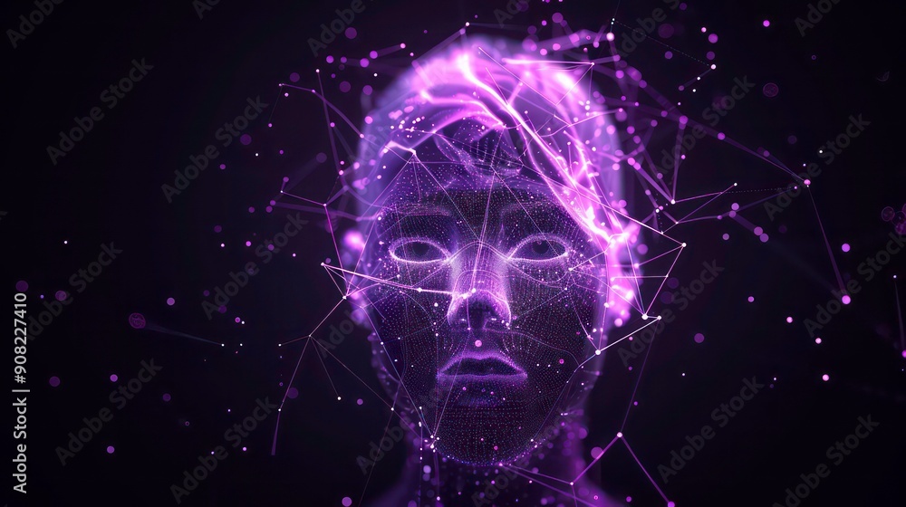 Abstract Digital Portrait of a Face Constructed with Purple Lines and Points of Light on a Black Background Abstract Digital Portrait of a Face Constructed with Purple Lines and Points of Light on a Black Background