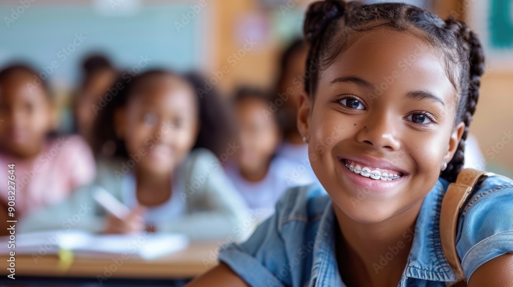 Braces School. Portrait of a Brilliant Black Girl in Elementary School Smiles and Writes in Exercise Notebook Braces School. Portrait of a Brilliant Black Girl in Elementary School Smiles and Writes in Exercise Notebook