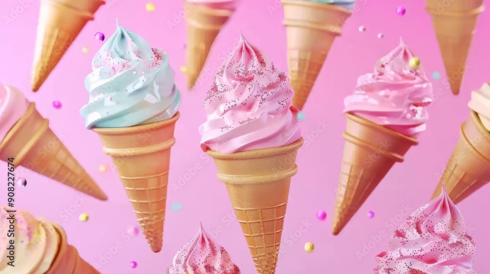 Colorful ice cream cones pattern on pastel pink background Colorful ice cream cones pattern on pastel pink background