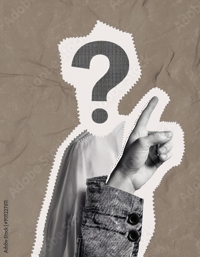 Modern collage with pointing hand and question mark. Paper cutout. Torn paper. Halftone part of body. Question mark cut out from notebook. FAQ sign.