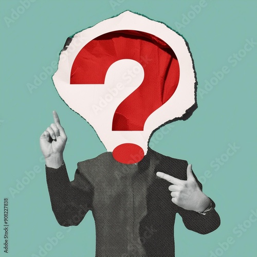 Modern collage with pointing hand and question mark. Paper cutout. Torn paper. Halftone part of body. Question mark cut out from notebook. FAQ sign.