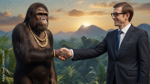 Fototapeta Naklejka Na Ścianę i Meble -  Homo habilis shaking hand with Millennial