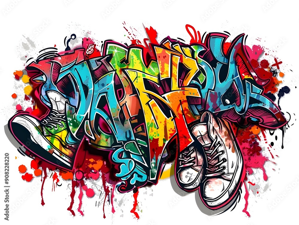Vibrant Streetwear Graffiti Design with Colorful Spray Paint Patterns on White Background Vibrant Streetwear Graffiti Design with Colorful Spray Paint Patterns on White Background