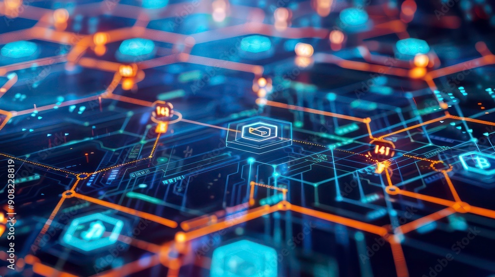 Abstract Digital Network with Hexagonal Nodes and Glowing Lines Abstract Digital Network with Hexagonal Nodes and Glowing Lines