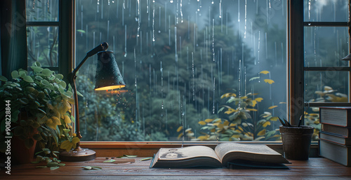 Fototapeta Naklejka Na Ścianę i Meble -  A cozy study with a wooden desk, lamp, and an open book, overlooking a stormy, rainy landscape through a large window. Generative AI.