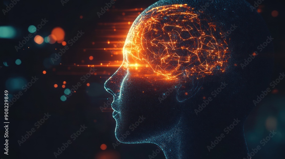 Digital Brainwave, a Human Head Profile with a Glowing Network of Connections Representing the Power of Thought and Cognition Digital Brainwave, a Human Head Profile with a Glowing Network of Connections Representing the Power of Thought and Cognition