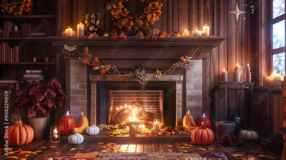 Obraz premium Cozy Fireplace with Autumn Decor and Thanksgiving Touches