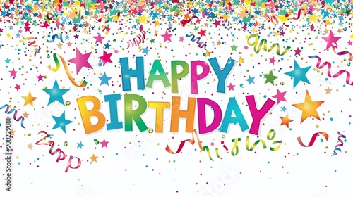 Colorful Happy Birthday illustration on a white background.