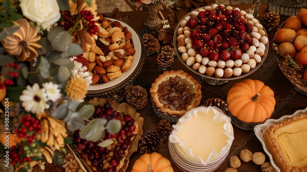 Sumptuous Thanksgiving Dessert Spread with Pies Fruits and Festive Decor Sumptuous Thanksgiving Dessert Spread with Pies Fruits and Festive Decor