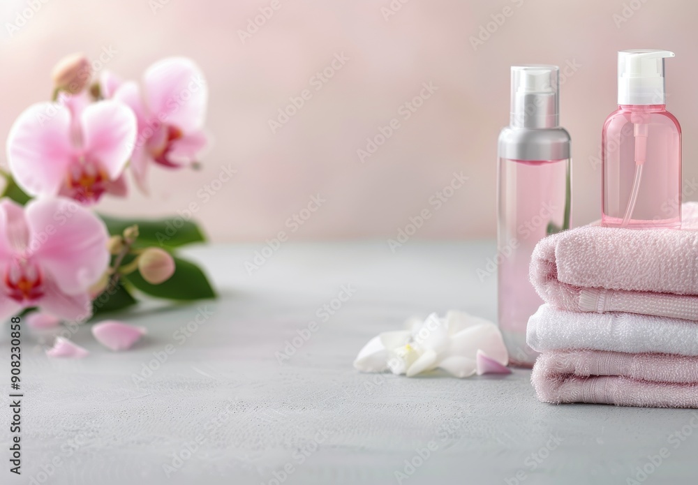 Spa Essentials With Pink Towels and Orchid Blossoms on a Soft Background Spa Essentials With Pink Towels and Orchid Blossoms on a Soft Background