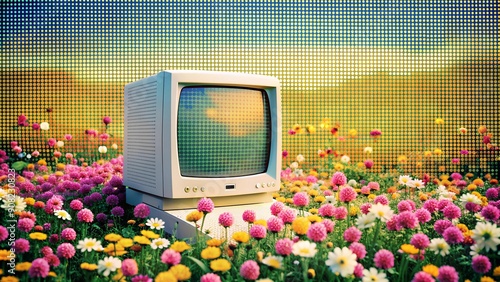 Binary Bloom: A Halftone Computer Emerging from a Field of Flowers  AI Generated photo