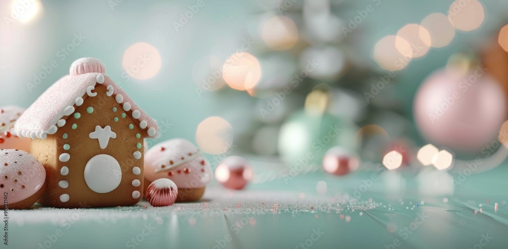 Obraz premium Gingerbread House Surrounded By Colorful Candies On A Mint Green Background