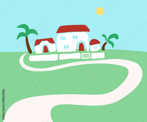 landscape view with a villa in vector. horizontal template for background design poster web banner wallpaper