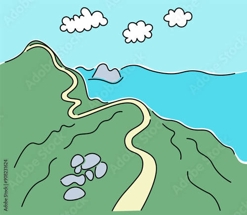 landscape in doodle style in vector. illustration for background design poster web banner wallpaper