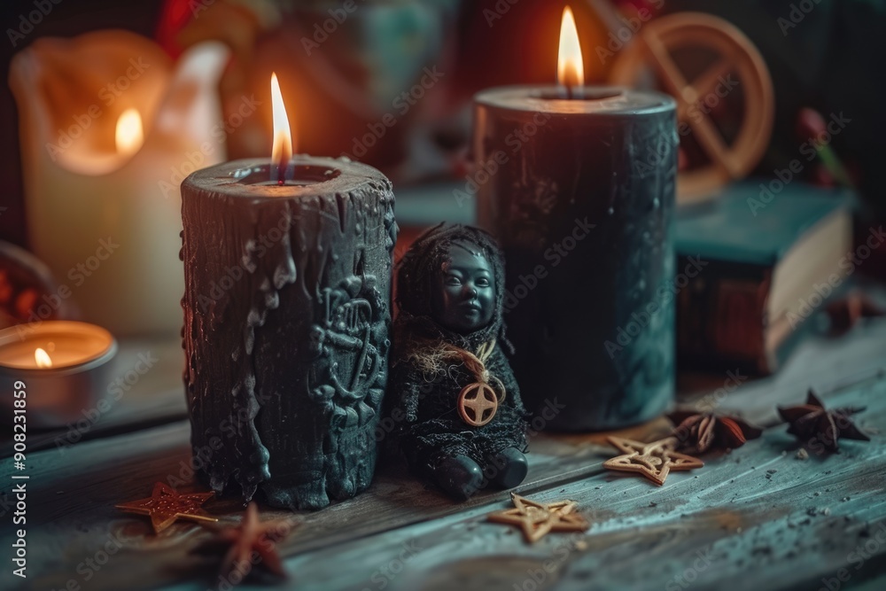 Voodoo Candle. Occult Symbol and Magic Spell Ritual with Voodoo Doll on Witch Table Voodoo Candle. Occult Symbol and Magic Spell Ritual with Voodoo Doll on Witch Table