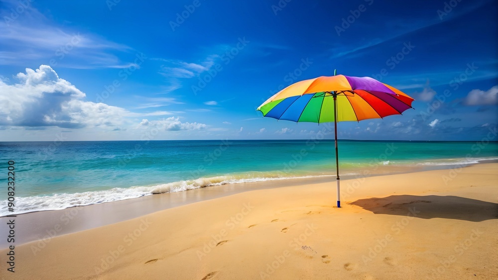 Sandy Beach with a Colorful Umbrella AI generated Sandy Beach with a Colorful Umbrella AI generated