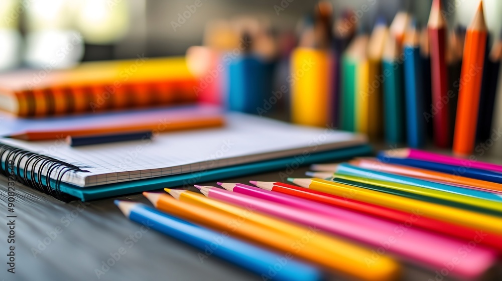 Back to school supplies on a desk, notebooks, pencils Back to school supplies on a desk, notebooks, pencils