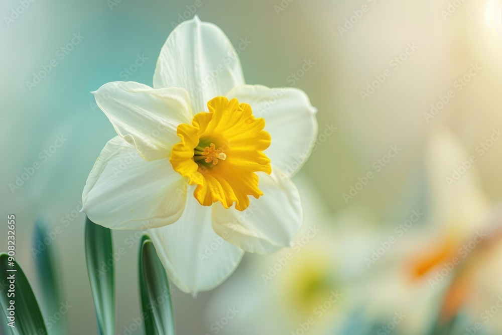 Obraz premium Daffodil Single. Yellow Flower Head with White Background - Macro Shot